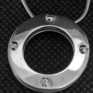 Unique. Two separated polished sterling discs connected with steel micro-nuts and bolts; silver chain