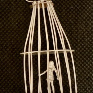 Tiny Tales. Silver miniature human figure in a silver "cage, w/silver chain.