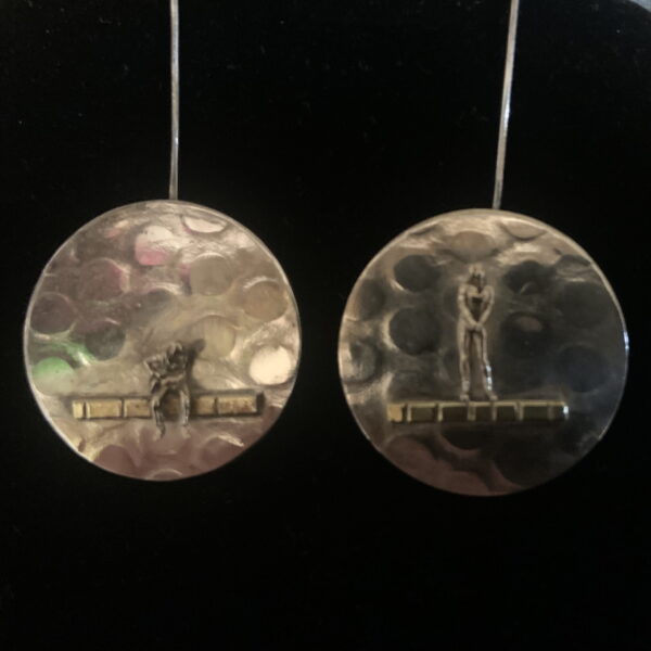 Tiny Tales. Bronze figures, on textured platforms mounted on textured sterling silver discs. Unbeliveable detail!